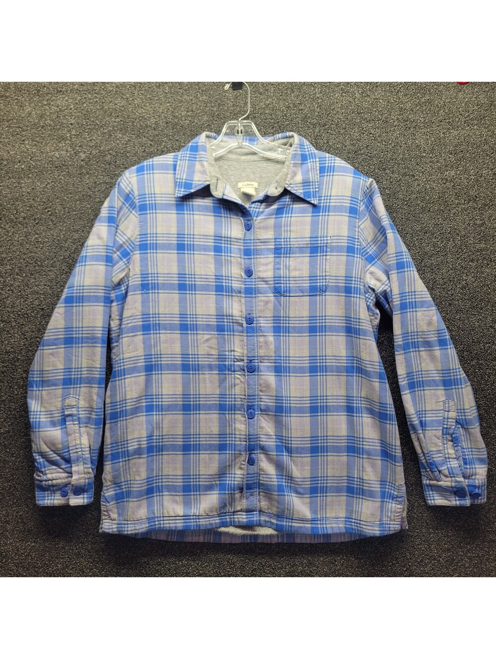 LL Bean Sherpa Lined Button Down Flannel Sweater Women's Sz S Blue Plaid